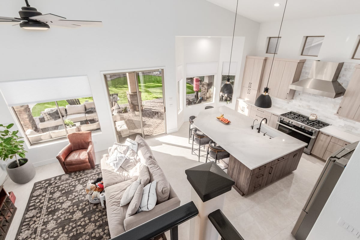 Overhead view of custom kitchen and living space with quartz island in Scottsdale, AZ by Kitchens by Good Guys.