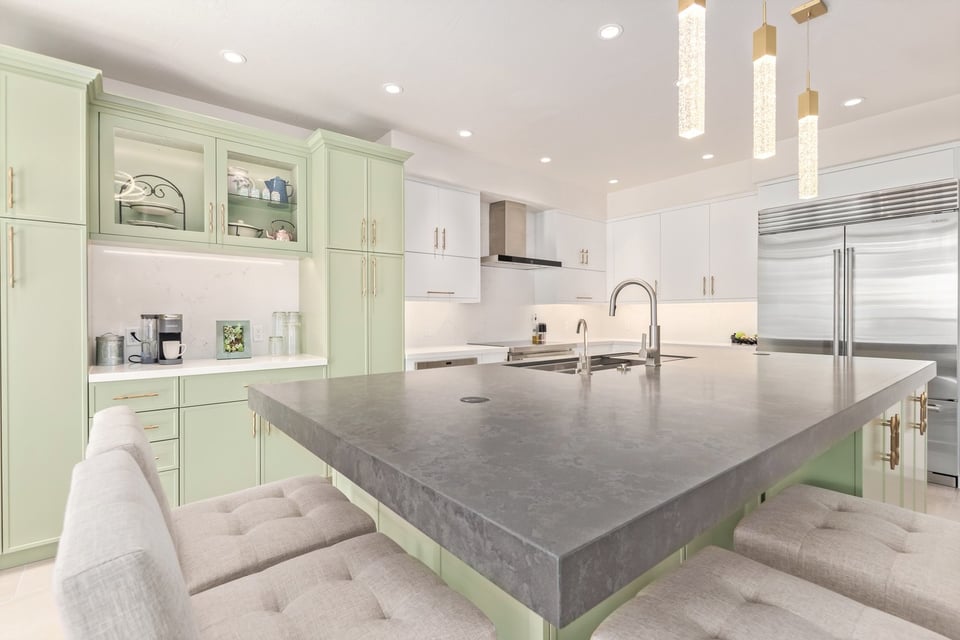 Custom kitchen coffee bar nook with mint green cabinetry in Scottsdale home by Kitchens by Good Guys.