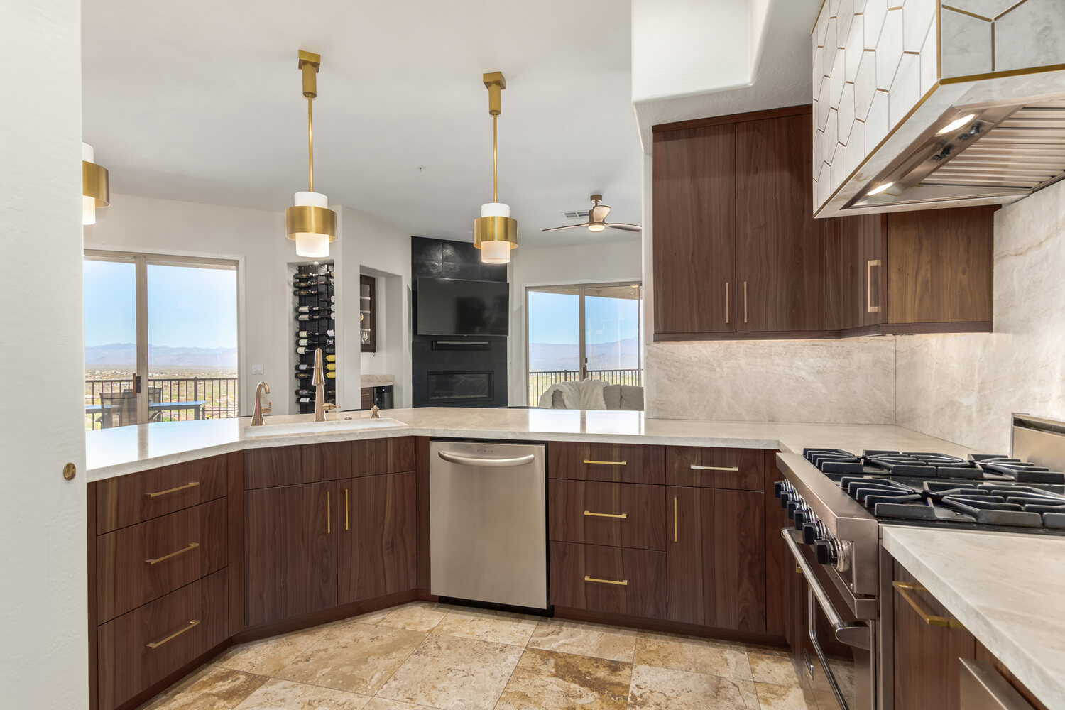 High-end kitchen design with panoramic windows and open layout by Kitchens by Good Guys in Arizona.
