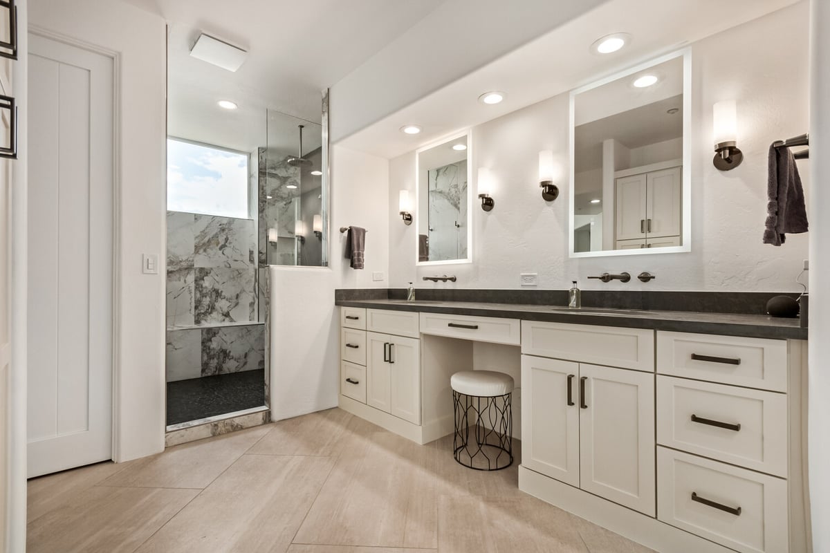 Paradise Valley bath design featuring dual vanity and glass shower by Kitchens by Good Guys