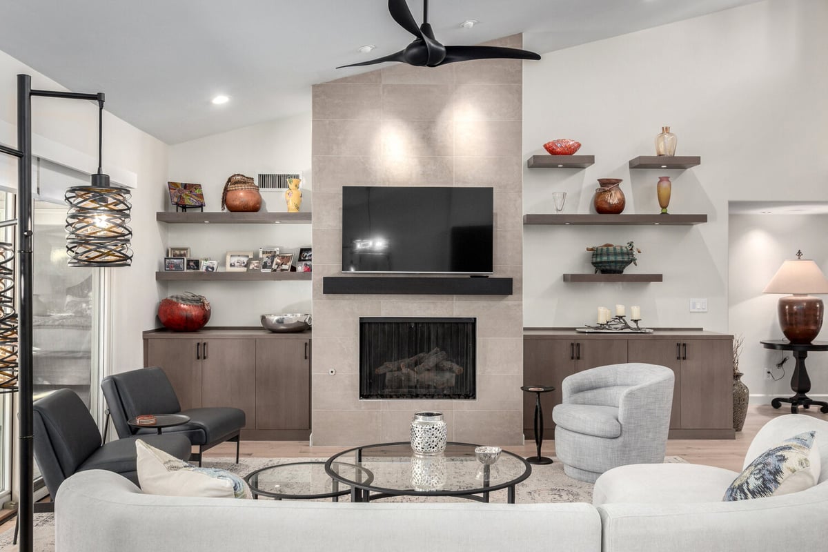 Custom home living room design with modern fan by Kitchens by Good Guys in Scottsdale
